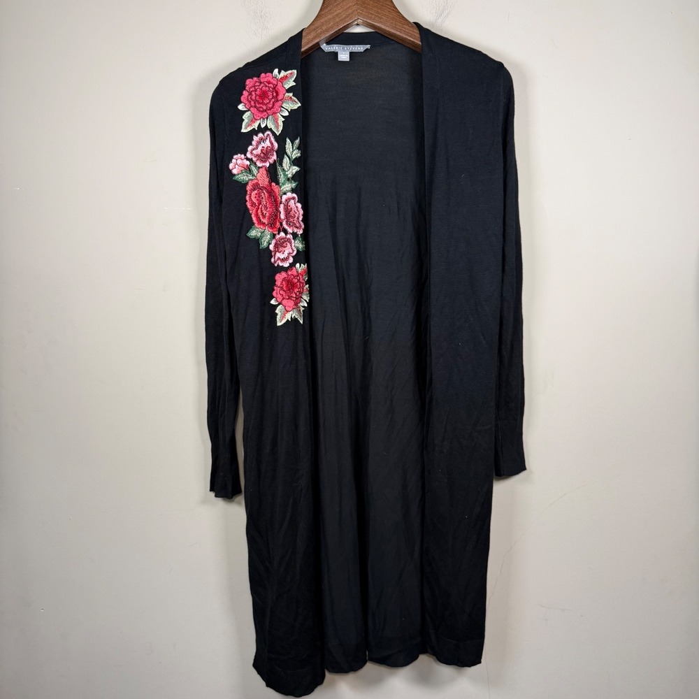 Valerie Stevens Long Black Floral Applique Cardigan Duster Lightweight Large